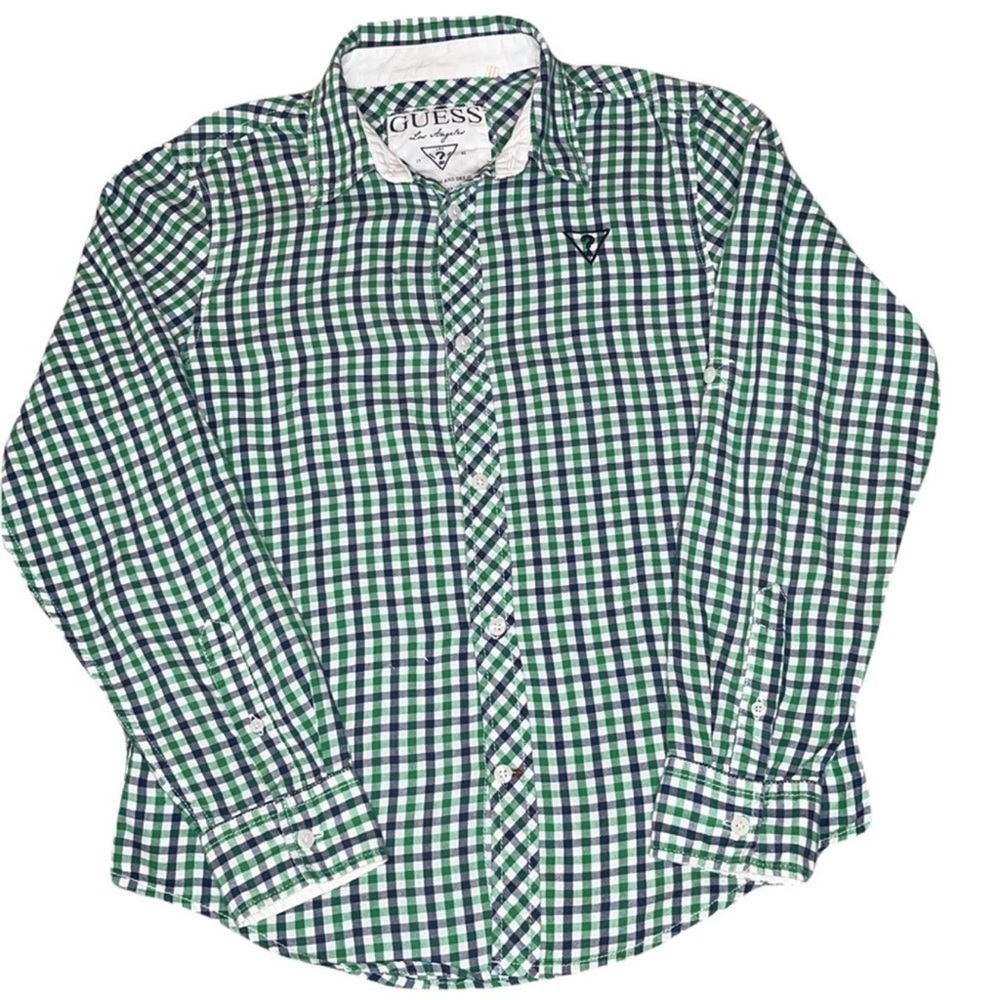 GUESS Jeans Boys Green Blue Gingham Plaid Long Sleeve Shirt Size L 16/18